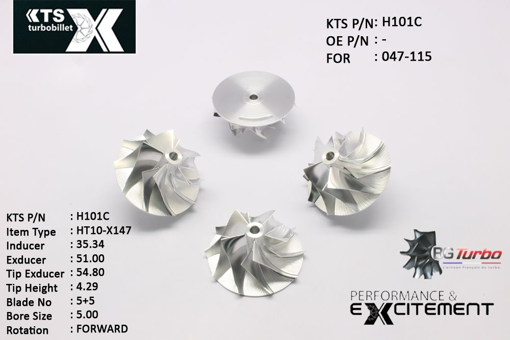 Turbo ROUE FORGÉE MFS PERFORMANCE - 5+5 PALES - INDUCER : 35,34 - EXDUCER : 51 - TYPE : HT10-X147 ANGLE : 60° - ROTATION : Forward - SUPER BACK : 0,1 - BORE SIZE : 5
